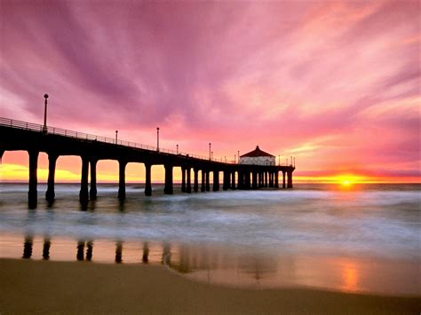 Pink Sunset Over Ocean Pier Hd Wallpaper Background Image 1920x1440
