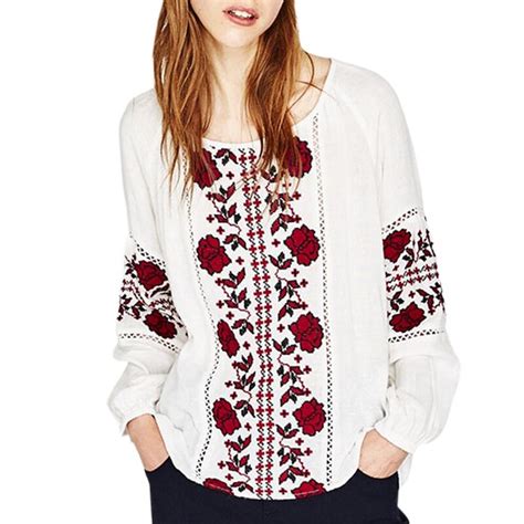 2017 white women blouse cotton floral embroidered shirt turn down collar lantern long sleeve