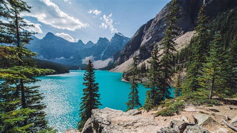 Nature Landscape Moraine Lake Canada Mountains Forest Summer
