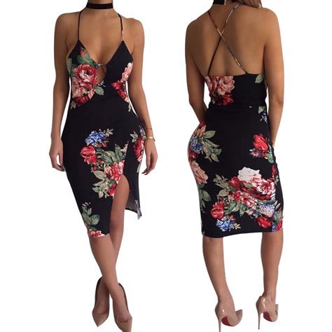 Deep V Neck Sexy Hollow Out Side Open Pencil Dress Print Backless Split