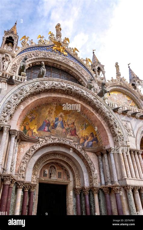 Front Façade Of Basilica Di San Marco With Byzantine Golden Mosaics