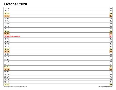 October 2020 Calendar Templates For Word Excel And Pdf