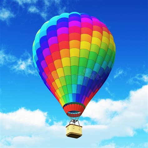 Color Rainbow Hot Air Balloon In The Blue Sky With Clouds
