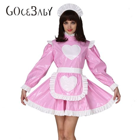 forced sissy girl maid heart shaped pattern lockable pink dress costume crossdress cosplay