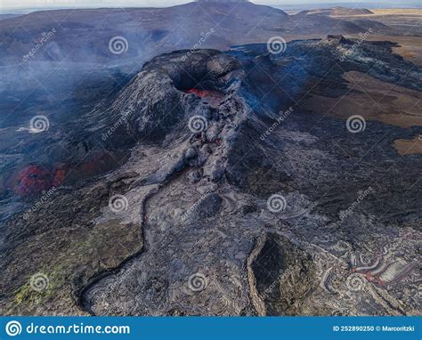 Volcanic Crater On Iceland With Lava And Steam During The Day Stock