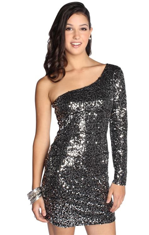 Long Sleeved One Shoulder Sequin Homecoming Dress