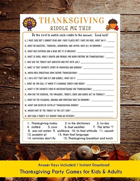 Thanksgiving Riddles Game Thanksgiving Printable Game Fun Etsy