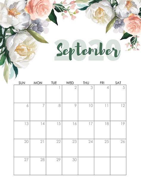 Floral September 2020 Calendar Printable Time Management Tools Floral