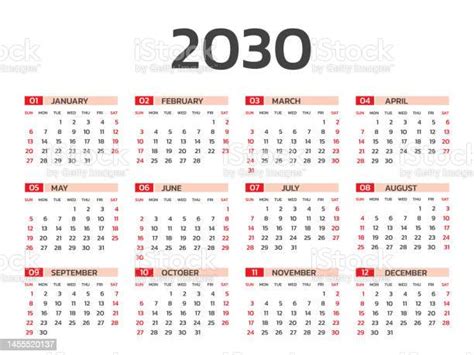 Calendar 2030 Year Vector Illustration Set Of 12 Calendar Week Starts