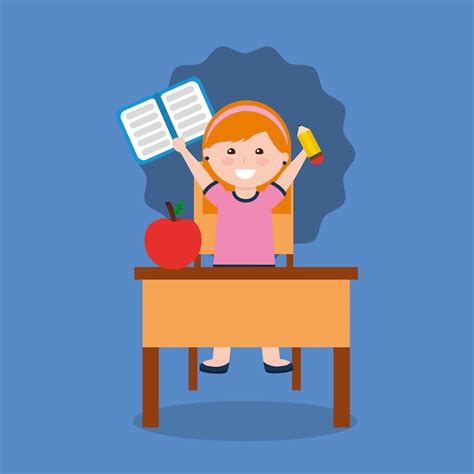 Niña Estudiando El Cuaderno Y La Manzana En El Escritorio De La Escuela