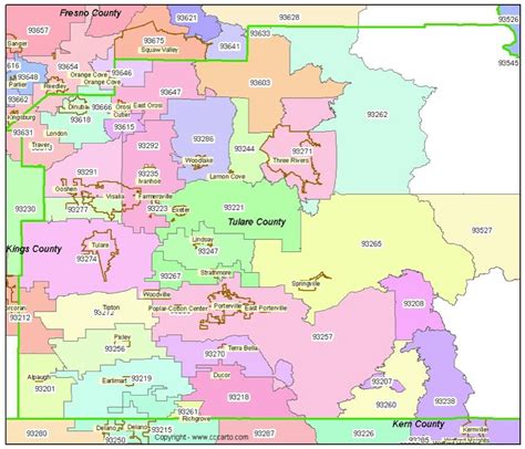 Tulare County Zip Codes Tulare Ca Zip Code Boundary Map