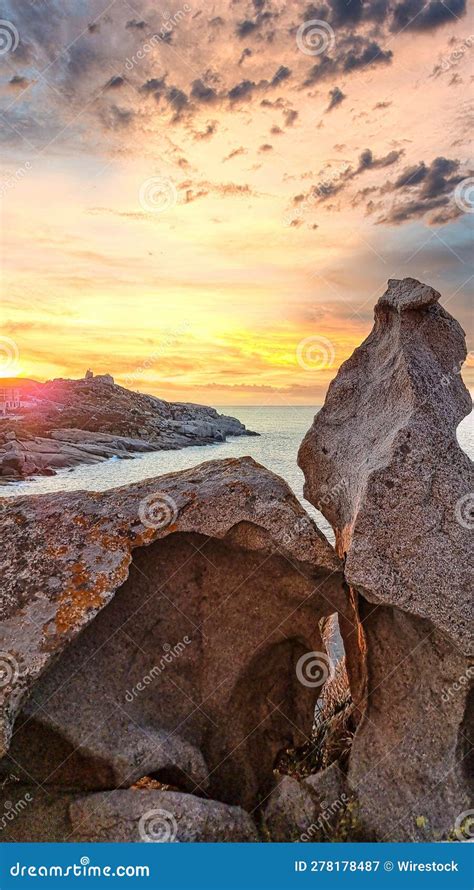 Scenic Landscape With Rock Formations On The Seashore At Sunset Stock