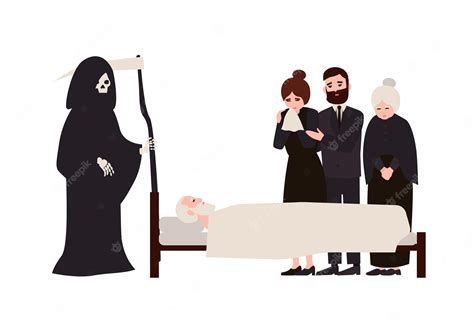 premium vector group of sad people dressed in mourning clothes and grim reaper with scythe