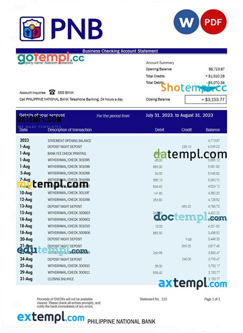 philippine national bank business statement word and pdf template oxtempl we make templates