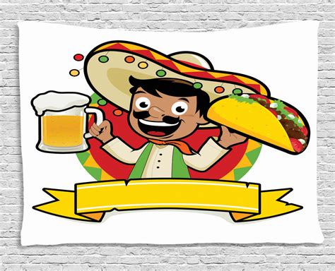 Mexican Tapestry Latino Man Holding Cold Beer And Tacos Restaurant