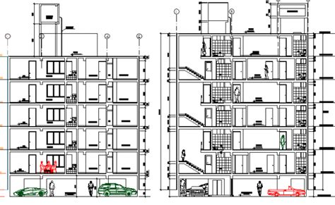 Multi Flooring Residential Building Side Sectional View Dwg File
