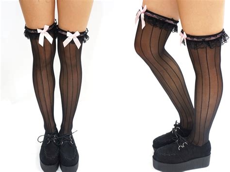 pink bow stripe pastel goth thigh high stockings on luulla