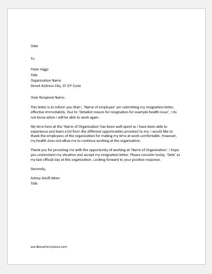Sample Immediate Resignation Letter Due To Health Reasons Classles