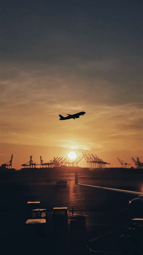 Download Airplane Silhouette Sunset Takeoff Departure Wallpaper
