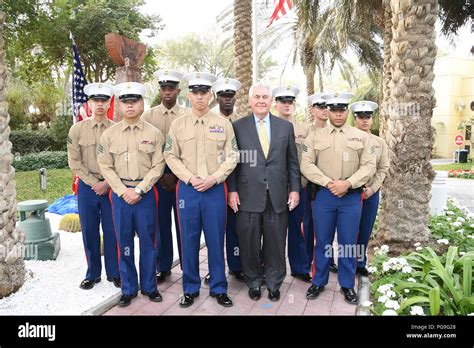 Us Secretary Of State Rex Tillerson Poses For A Photo With The Marine