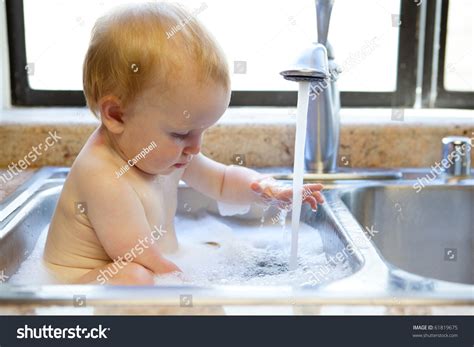 Baby Having Bath Kitchen Sink Stock Photo 61819675 Shutterstock