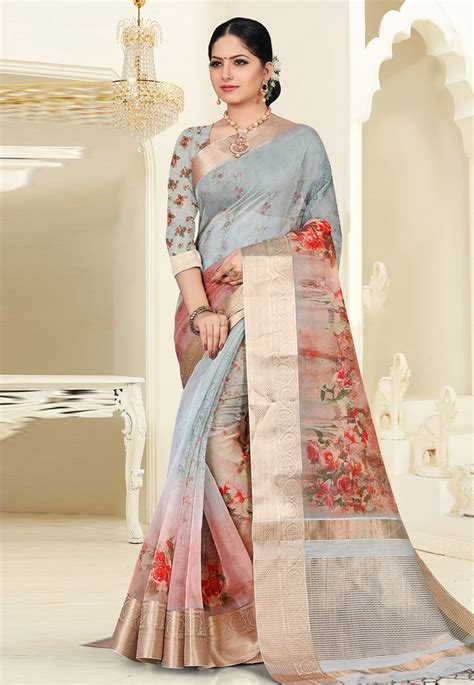 Buy Gray Organza Printed Festival Wear Saree 193558 With Blouse Online