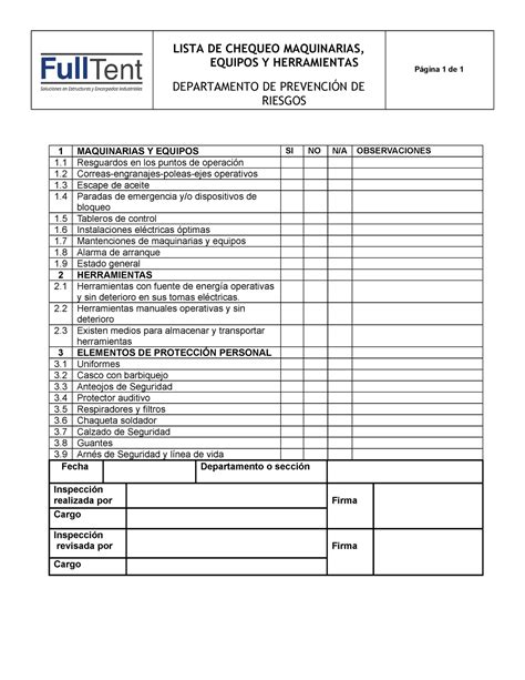 Checklist Maquinarias Herramientas Y Equipos LISTA DE CHEQUEO MAQUINARIAS EQUIPOS Y
