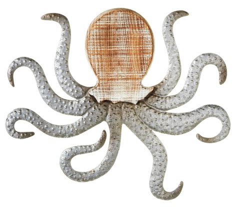 Hammered Metal And Natural Wood Octopus Shaped Wall Decor 22 Inches