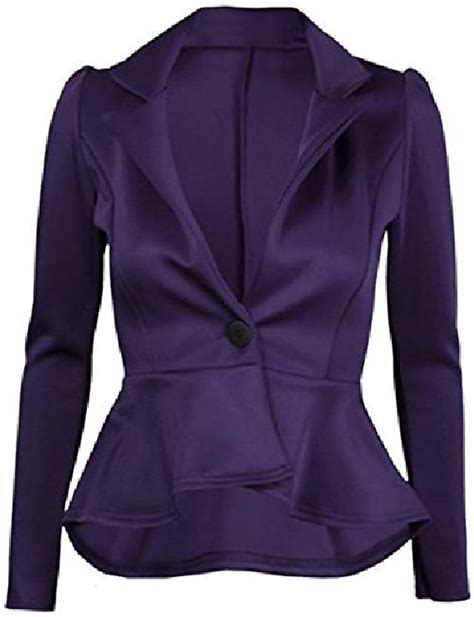 Womens Plain Crop 1 Button Peplum Frill Blazer Jacket Coat Purple