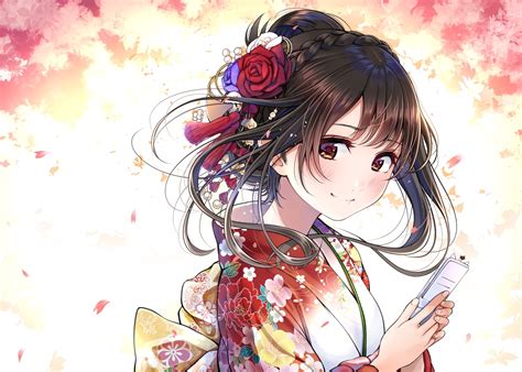 Download 1631x1166 Anime Girl Kimono Brown Hair Braid