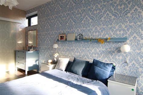 schlafzimmer  niagara blau mit mustertapete schlafzimmer