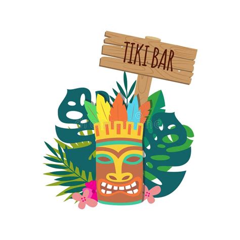 Tiki Bar Banner With Hawaiian Mask And Leaves Flat Vector Illustration