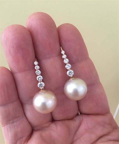 Estate Natural 145mm South Sea Pearl Diamond Drop Earrings 14k