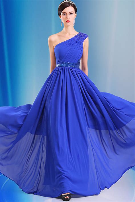 One Shoulder Chiffon Long Royal Blue Simple Prom Dress Okdresses
