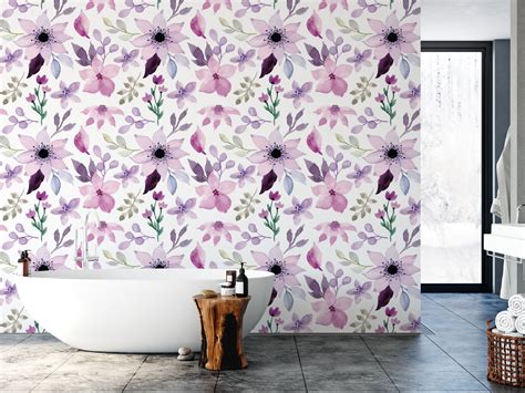 Watercolor Purple Flowers Removable Wallpaper Mural Nursery Etsy