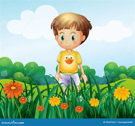 A Young Boy In Front Of The Garden At The Hilltop Stock Vector