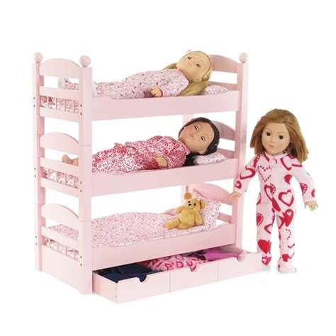18 inch doll furniture stackable pink triple bunk bed with storage fits american girl ® dolls