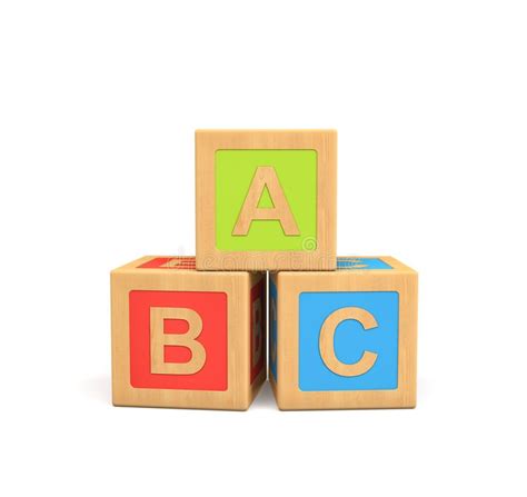 3d Rendering Of Three Wooden Toy Cubes With Abc Lettering Stock