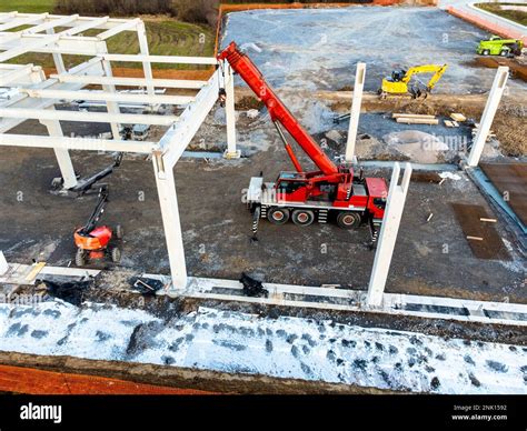 Prefabricated Concrete Skeleton Frame Building Site Shot With A Drone