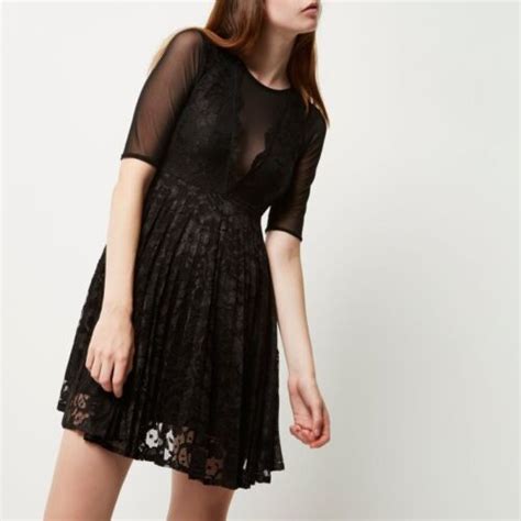 Rrp New River Island Black Mesh And Lace Skater Dress Ebay