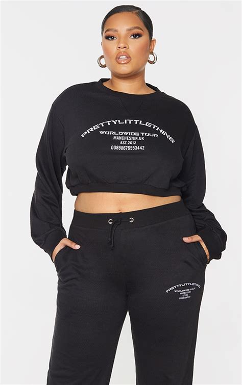 Plt Recycled Plus Black Cropped Sweatshirt Prettylittlething Ca