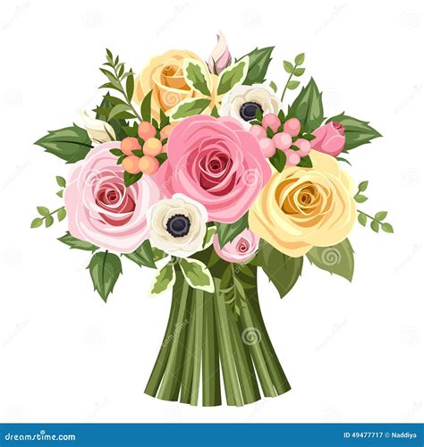 Bouquet Of Colorful Roses And Anemone Flowers Vector Illustration