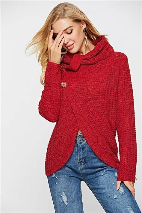 Hualong Women High Neck Red Cardigan Sweater Online Store For Women