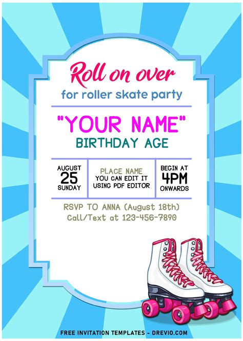 1 Free Editable Pdf Retro Cute Roller Skate Party Invitation