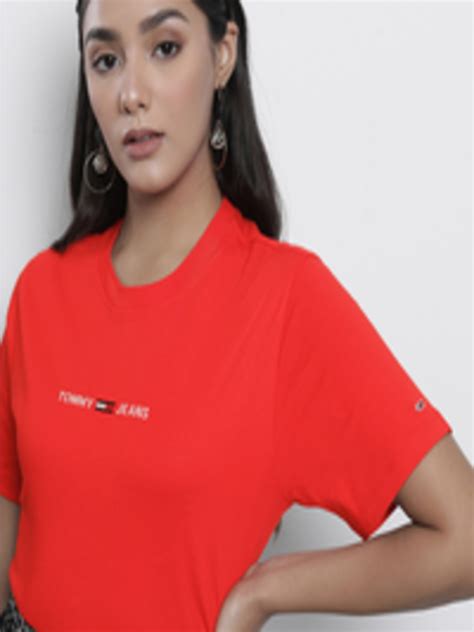 buy tommy hilfiger women red brand logo embroidered pure cotton t shirt tshirts for women