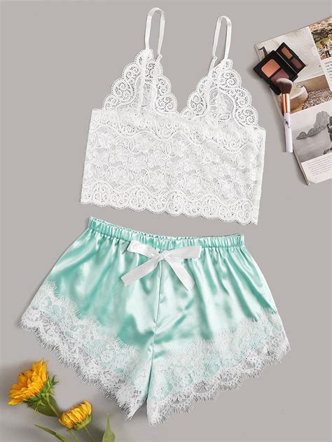 Ad Floral Lace Bralette With Satin Shorts Tags No No Multicolor Contrast Lace Scallop