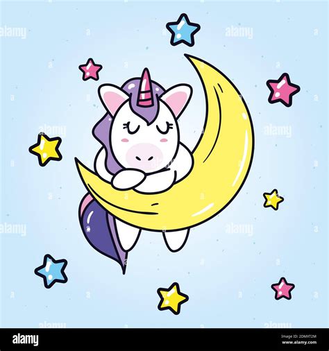 Unicorn Horse Cartoon On Moon With Stars Design Magic Fantasy