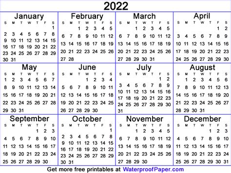 2022 Calendar Printable One Page