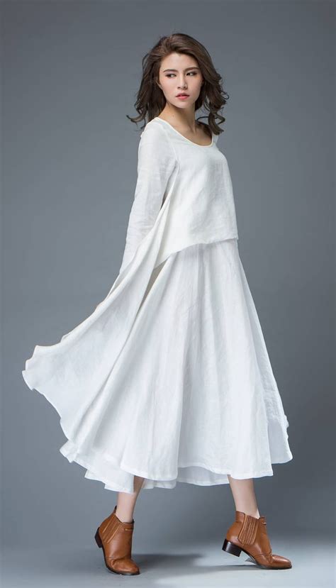 White Linen Dress Layered Flowing Elegant Long Sleeve Long Etsy