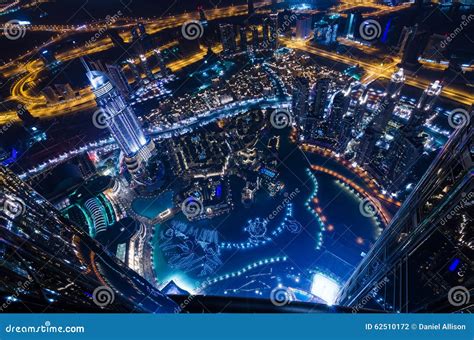 Downtown Dubai Futuristic City Neon Lights And Sheik Zayed Road Stock